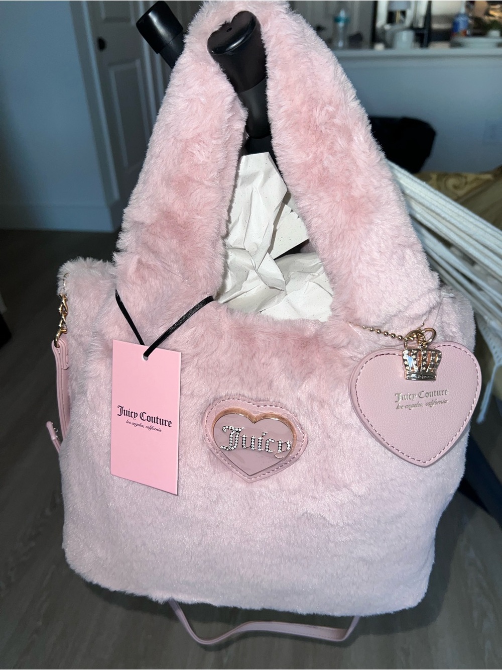 Juicy Couture Light Pink Plush Tote with Heart Charms